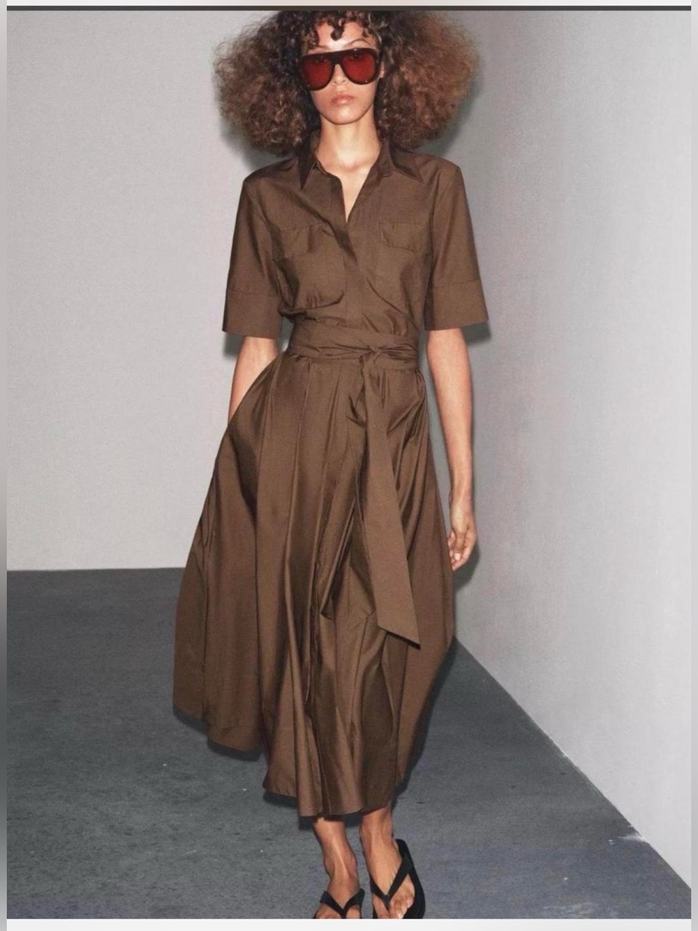 Zara Brown Shirtwaist Midi Dress with Tie Waist